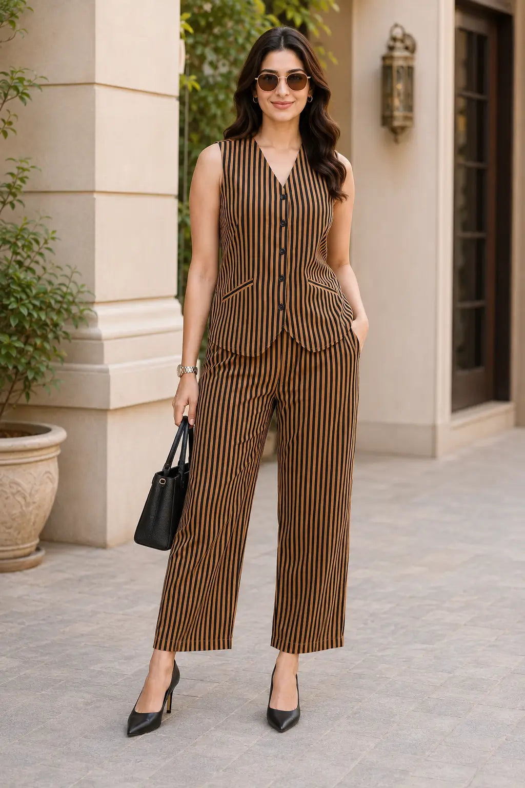 Rabric brown black cotton vertical striped casual co-ord set for women styled with handbag, sleeveless V-neck top and wide leg pajama