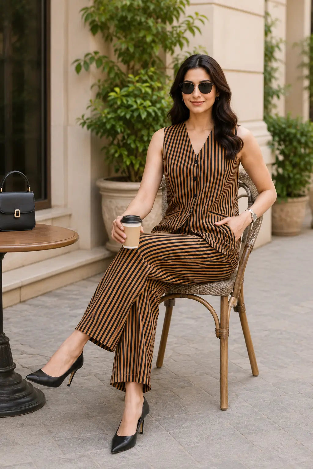 Rabric brown black cotton vertical striped co-ord set for women in casual sitting pose with sleeveless V-neck top and wide leg pajama
