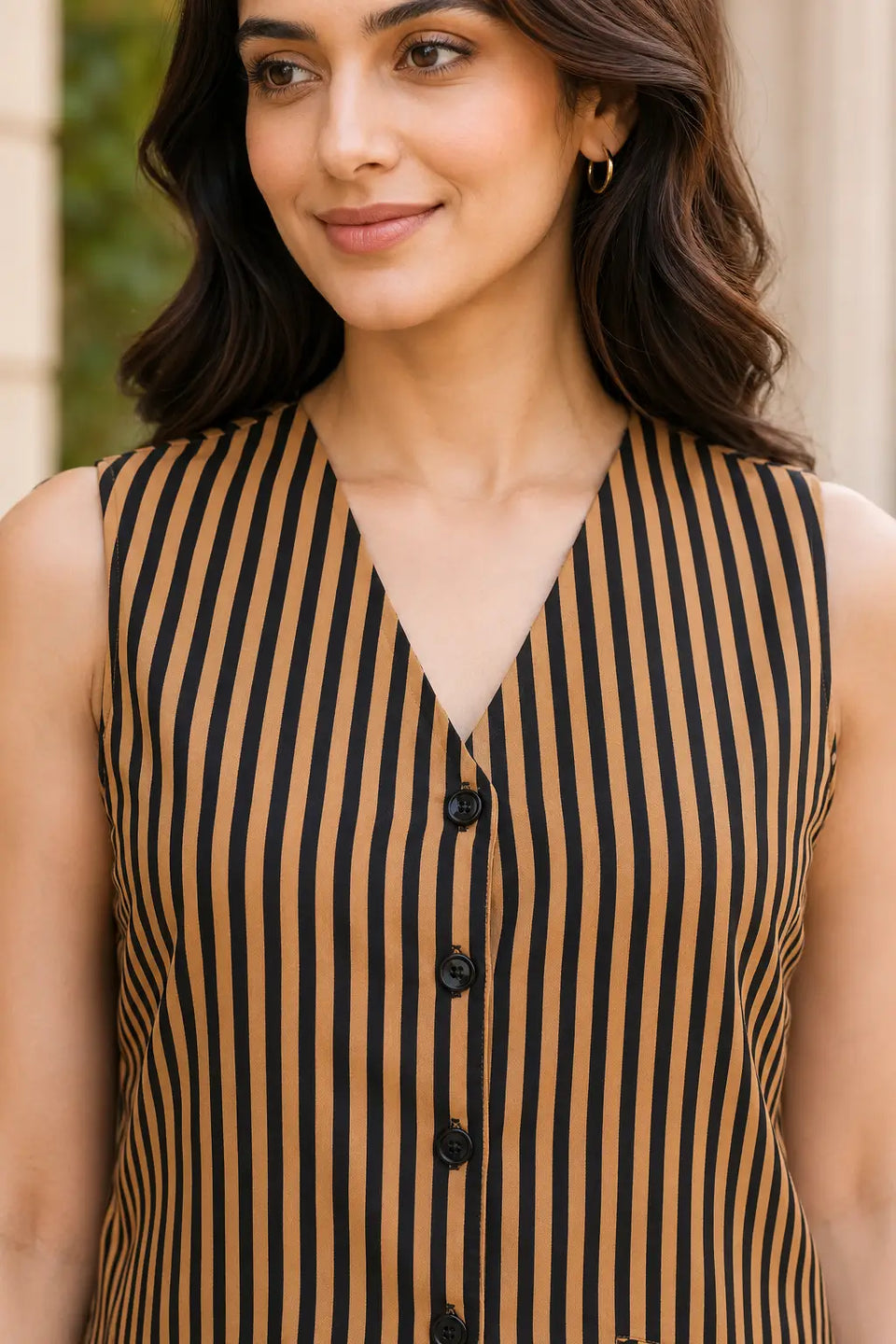 Close-up of Rabric brown black cotton vertical striped co-ord set showing sleeveless V-neck, button front design and cotton fabric texture