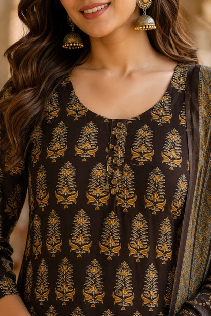 Close up neck design detail of Rabric brown cotton printed kurta with elegant round neckline and button detailing