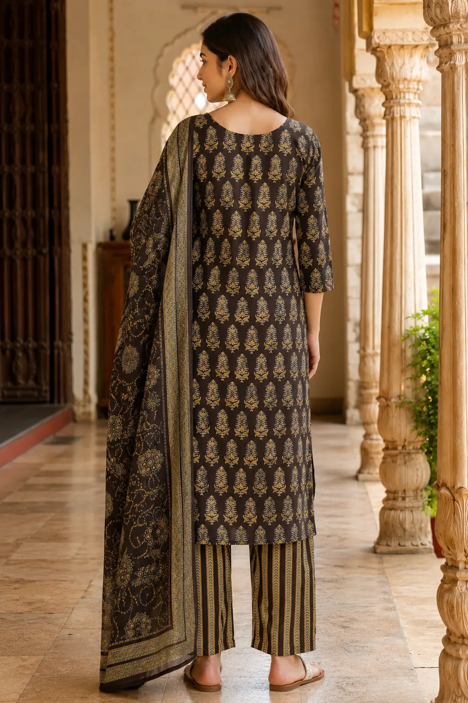 Back side view of Rabric brown cotton ethnic kurta pant set with dupatta for women long kurta design