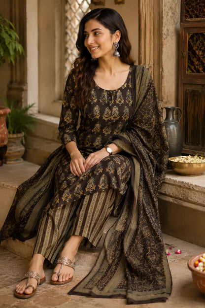 Beautiful sitting pose of model wearing Rabric brown cotton printed kurta pant set with dupatta
