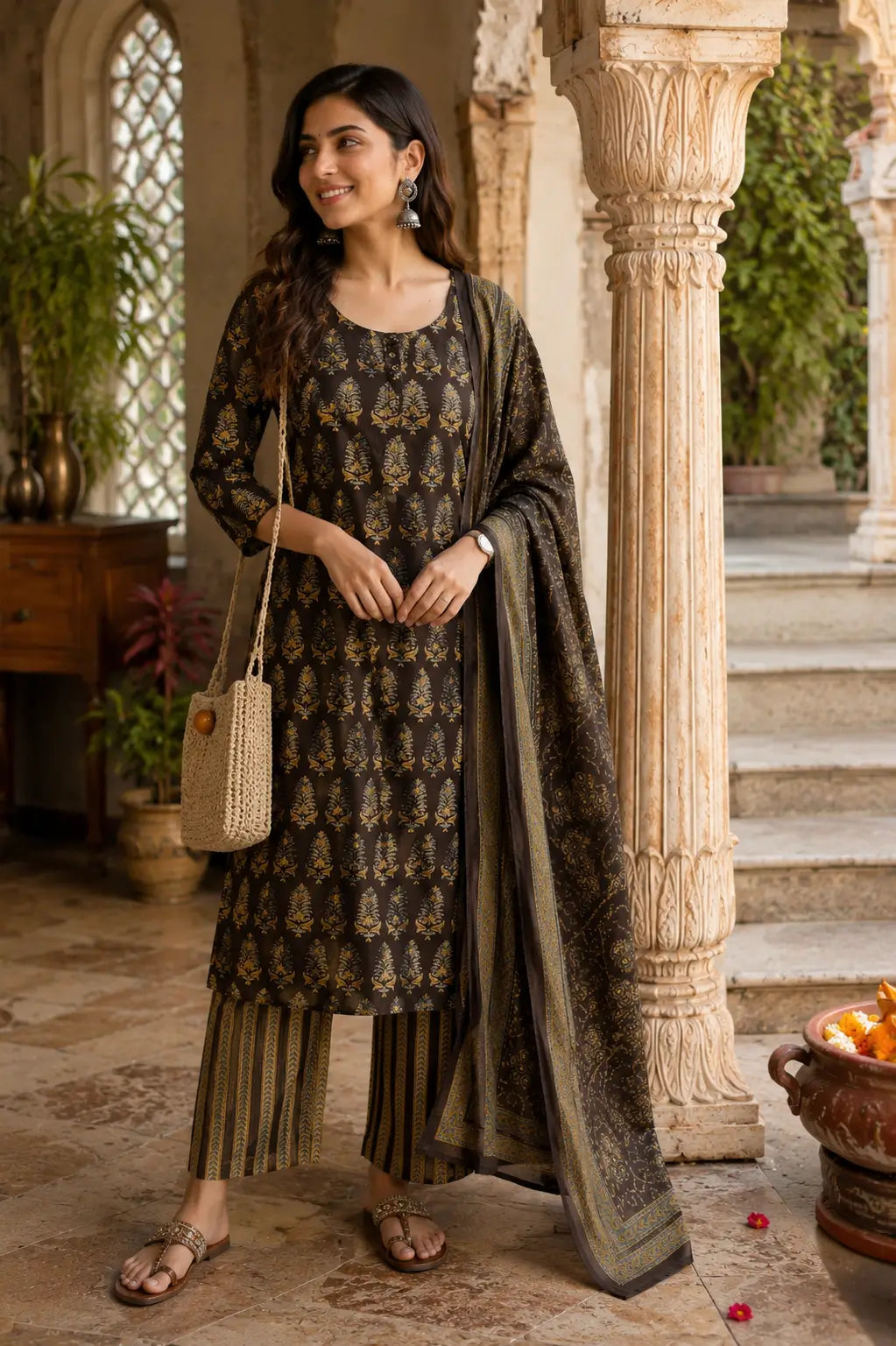 Stylish lifestyle look of woman wearing Rabric brown cotton kurta pant set with matching dupatta and ethnic accessories