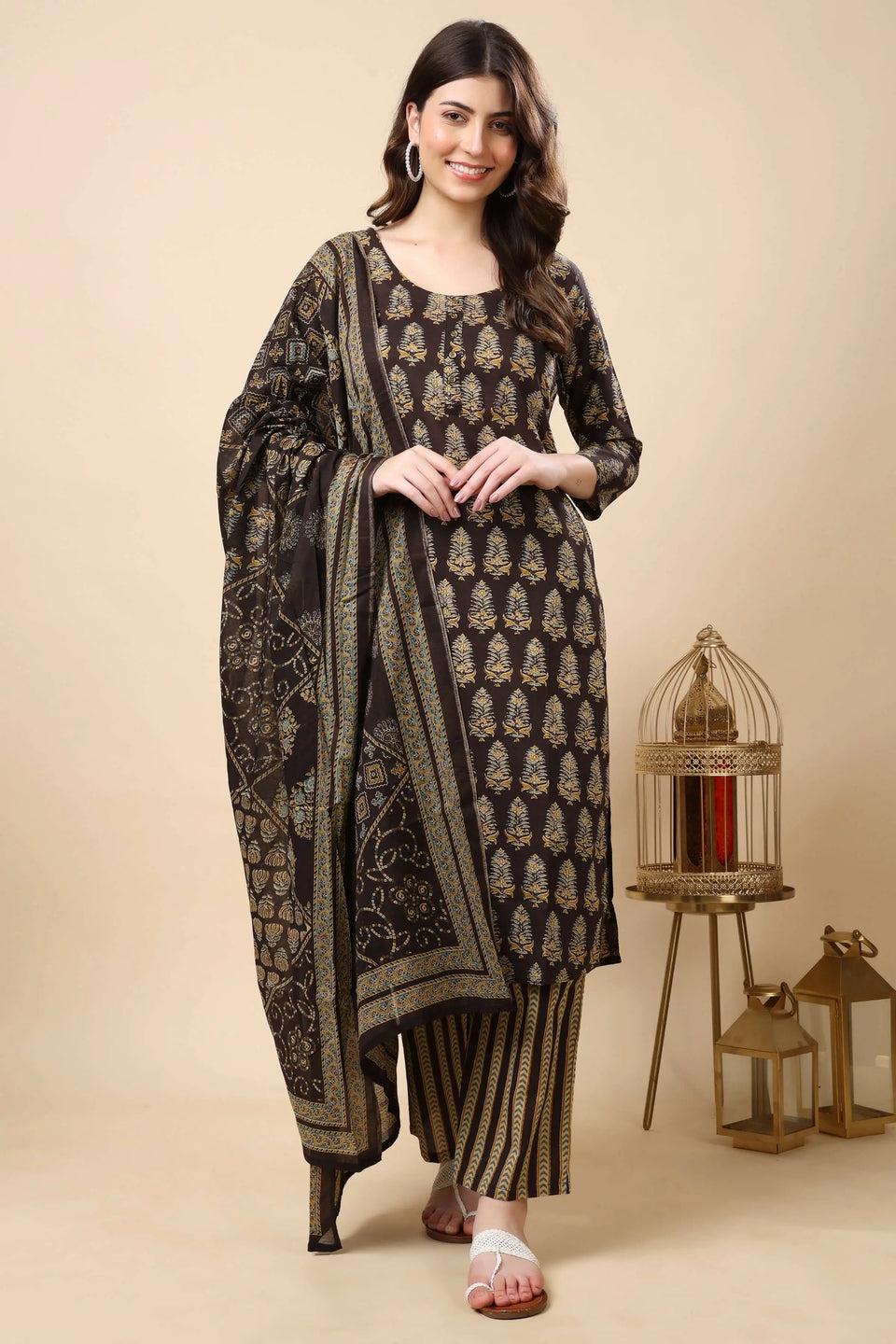 Rabric Premium Brown Cotton Kurti Set with Dupatta – Front View