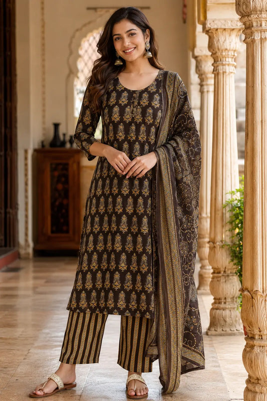 Rabric brown cotton printed kurta pant set with dupatta for women featuring long straight kurta and 3-4 sleeves front view