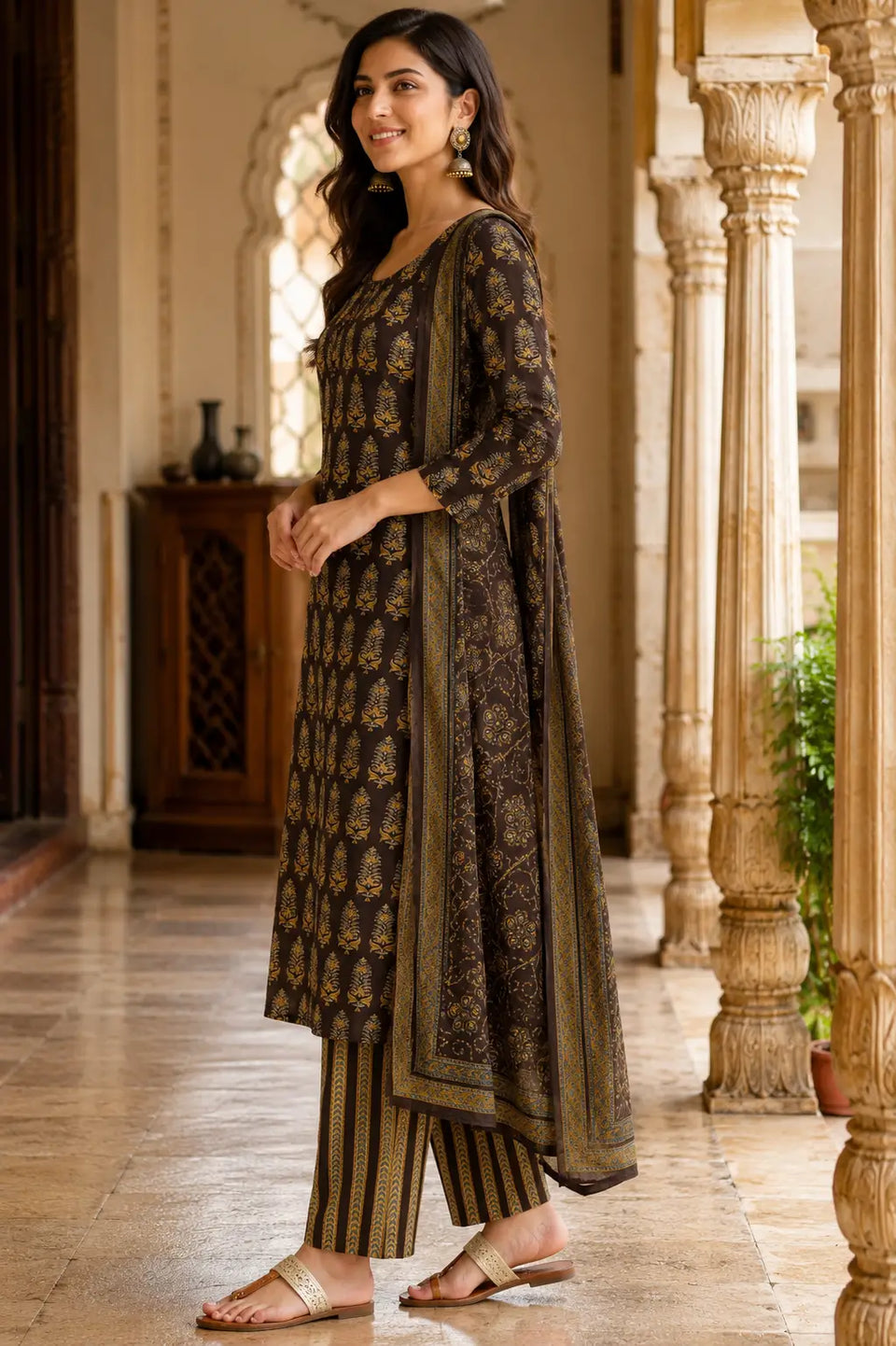 Side angle view of Rabric brown cotton straight fit kurta pant set with dupatta and 3-4 sleeves