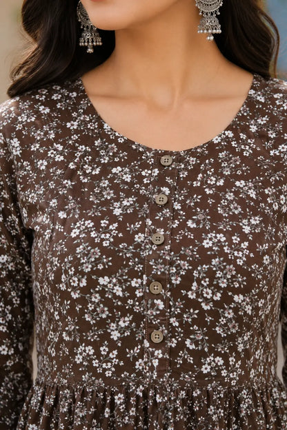 Closeup of round neck design on Rabric brown floral crepe kurti for women with front button detailing