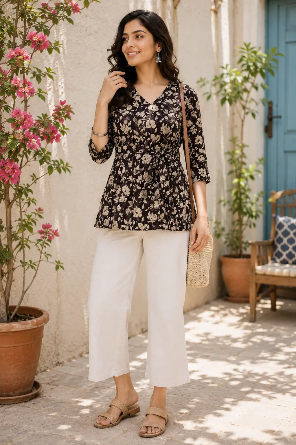 Woman wearing Rabric brown floral cotton short top with stylish casual lifestyle fashion look