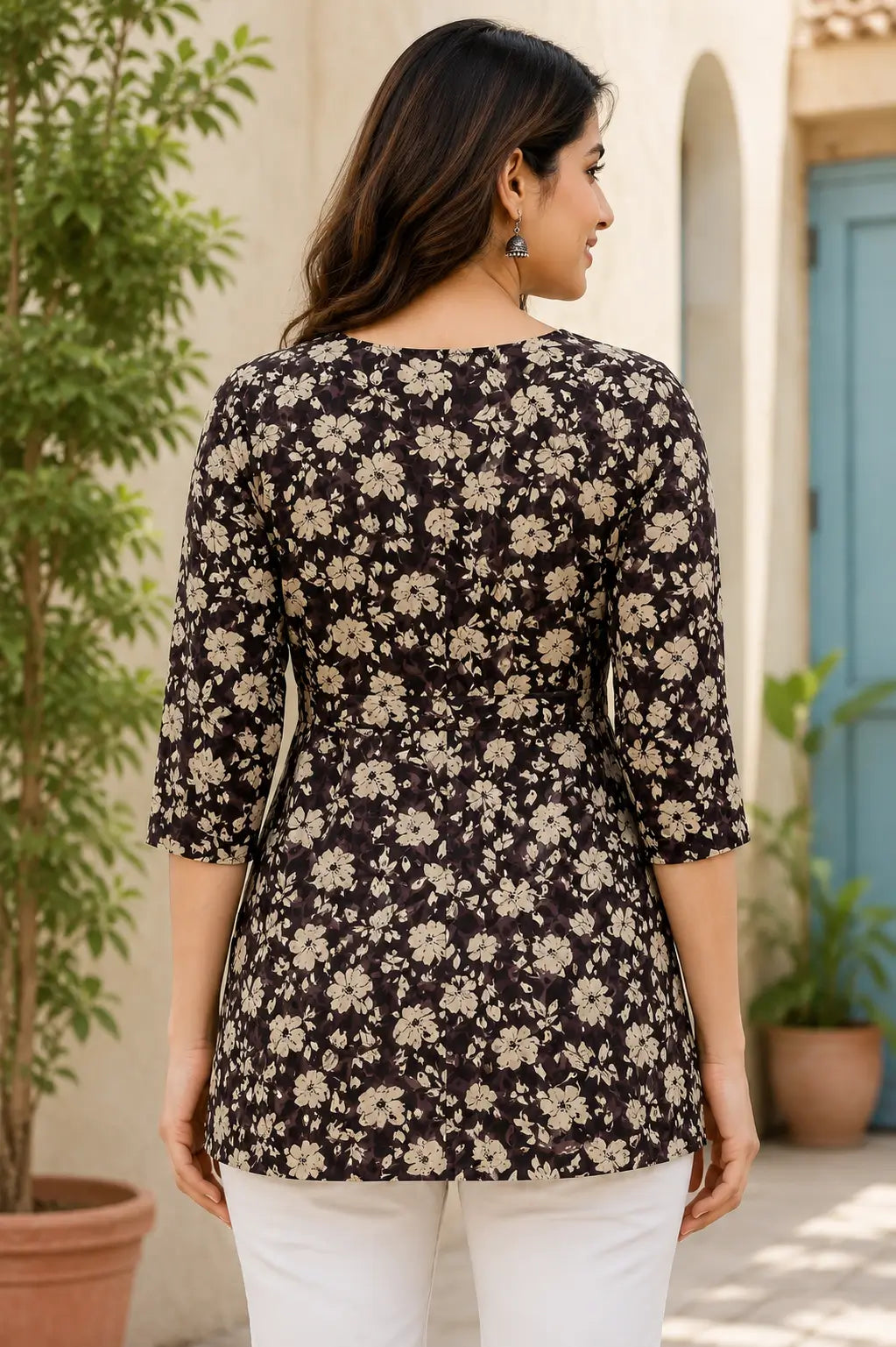Back view of Rabric brown floral cotton short top for women with 3/4 sleeves and stylish flare fit