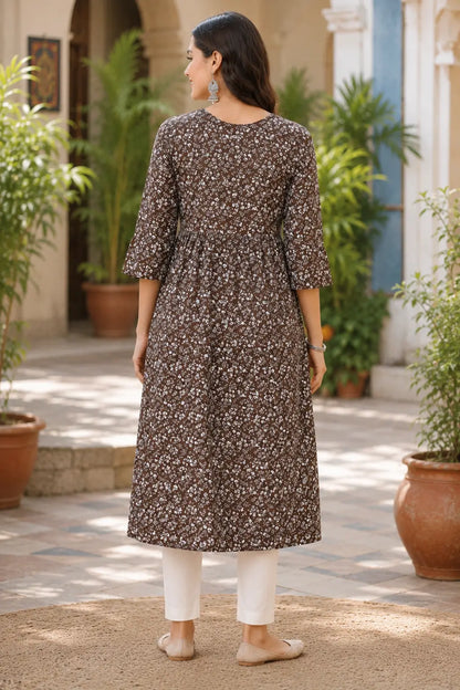Back side view of Rabric brown floral crepe kurti for women featuring full length design and 3/4 sleeves