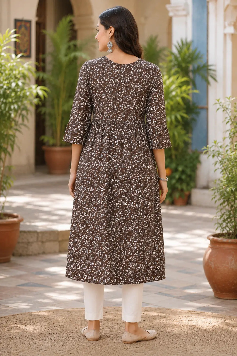Back side view of Rabric brown floral crepe kurti for women featuring full length design and 3/4 sleeves