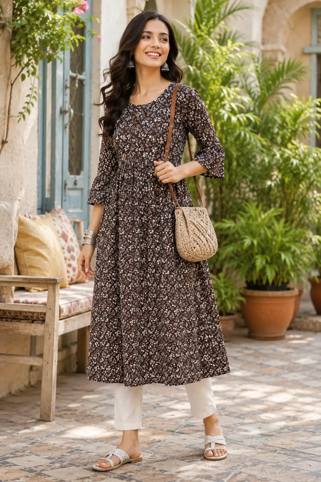 Rabric women brown floral crepe kurti lifestyle fashion look with casual accessories and comfortable ethnic styling