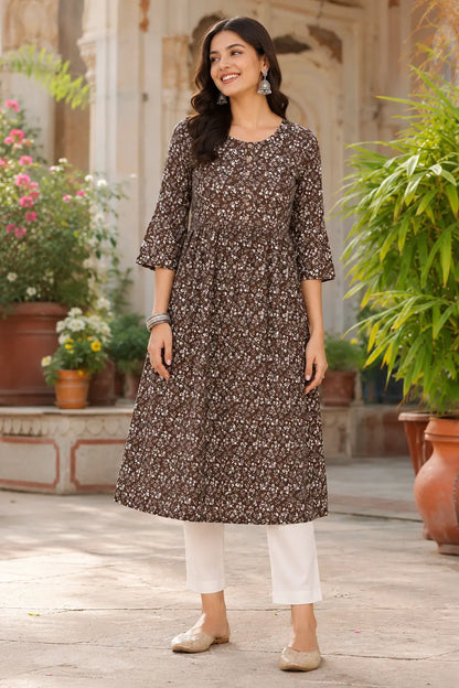 Rabric women brown floral crepe kurti front view with round neck and 3/4 bell sleeves full length ethnic casual wear