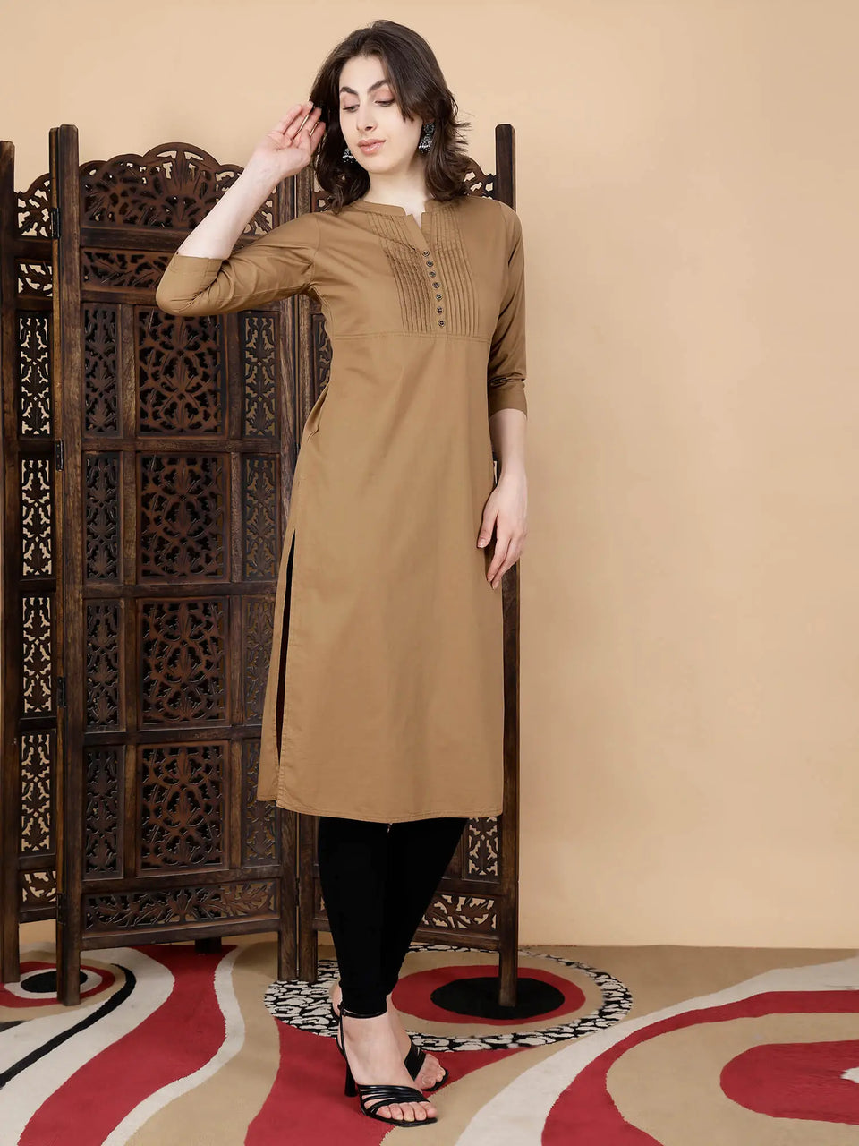 Side view of elegant Rabric long kurti for women in brown color