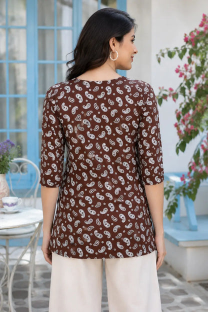 Back view of Rabric brown paisley cotton short top for women with 3/4 sleeves and comfortable casual fit