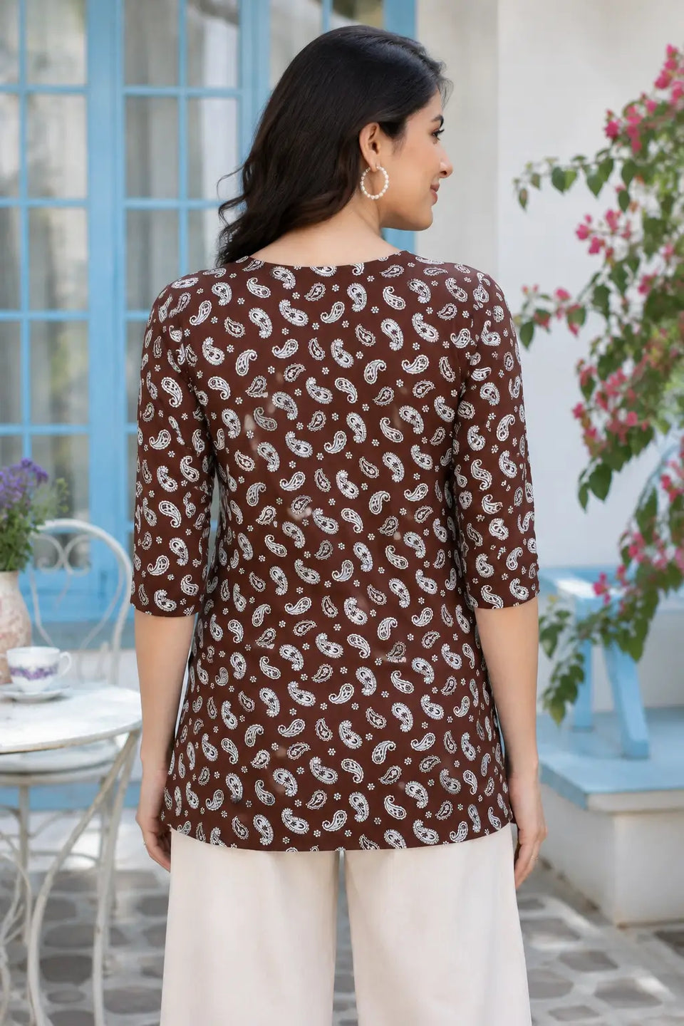 Back view of Rabric brown paisley cotton short top for women with 3/4 sleeves and comfortable casual fit