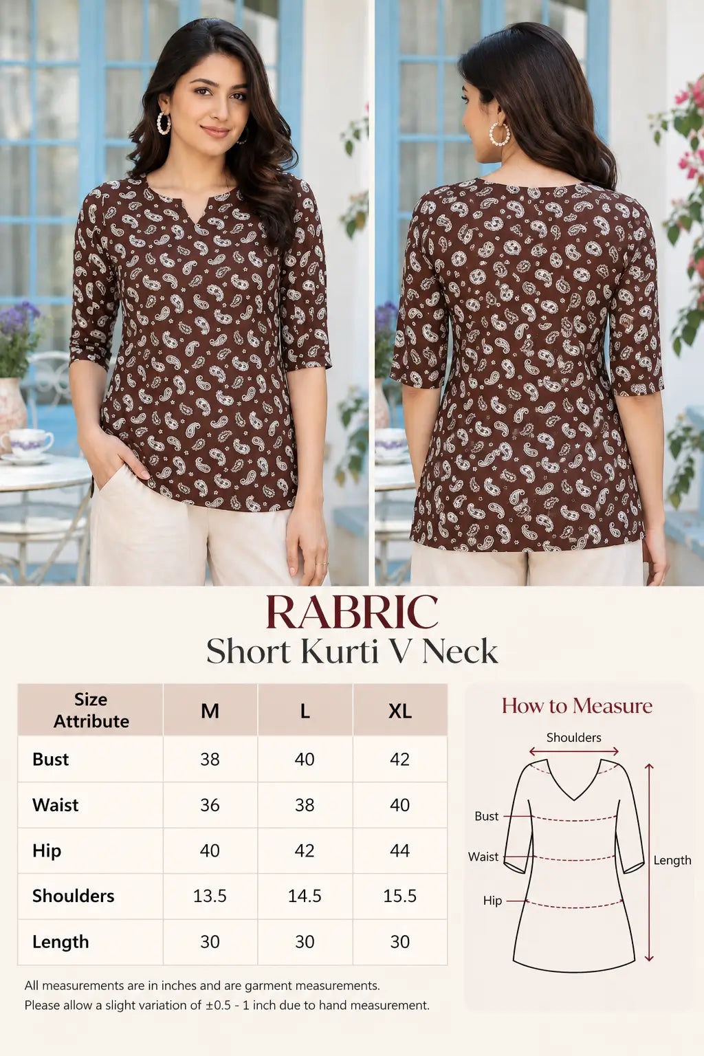 RABRIC brown paisley V neck short kurti size chart for M to XL with bust, waist, hip, shoulder and length measurements