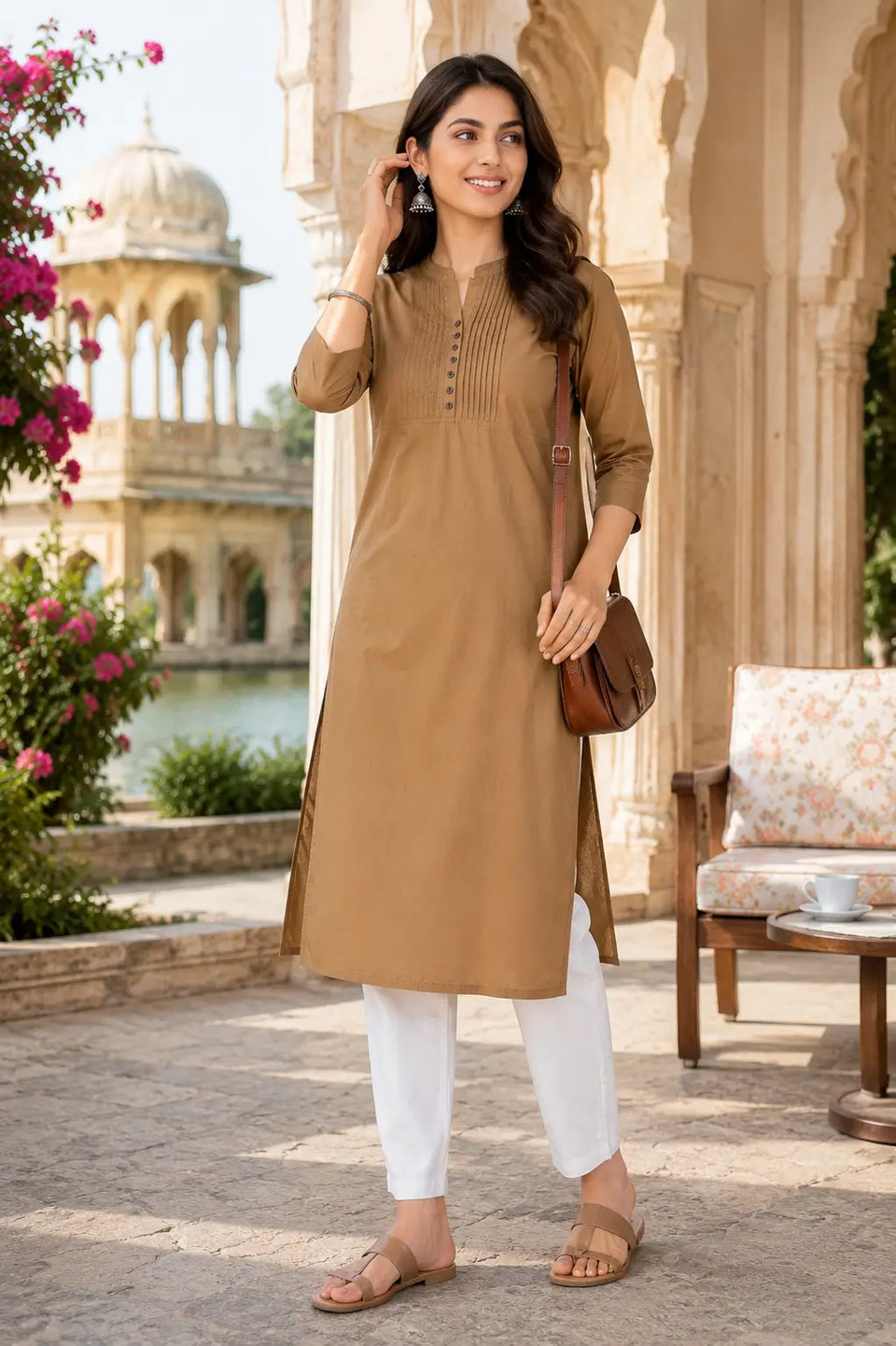 Rabric brown popline cotton casual women kurti styled with white pants and ethnic accessories in lifestyle shoot