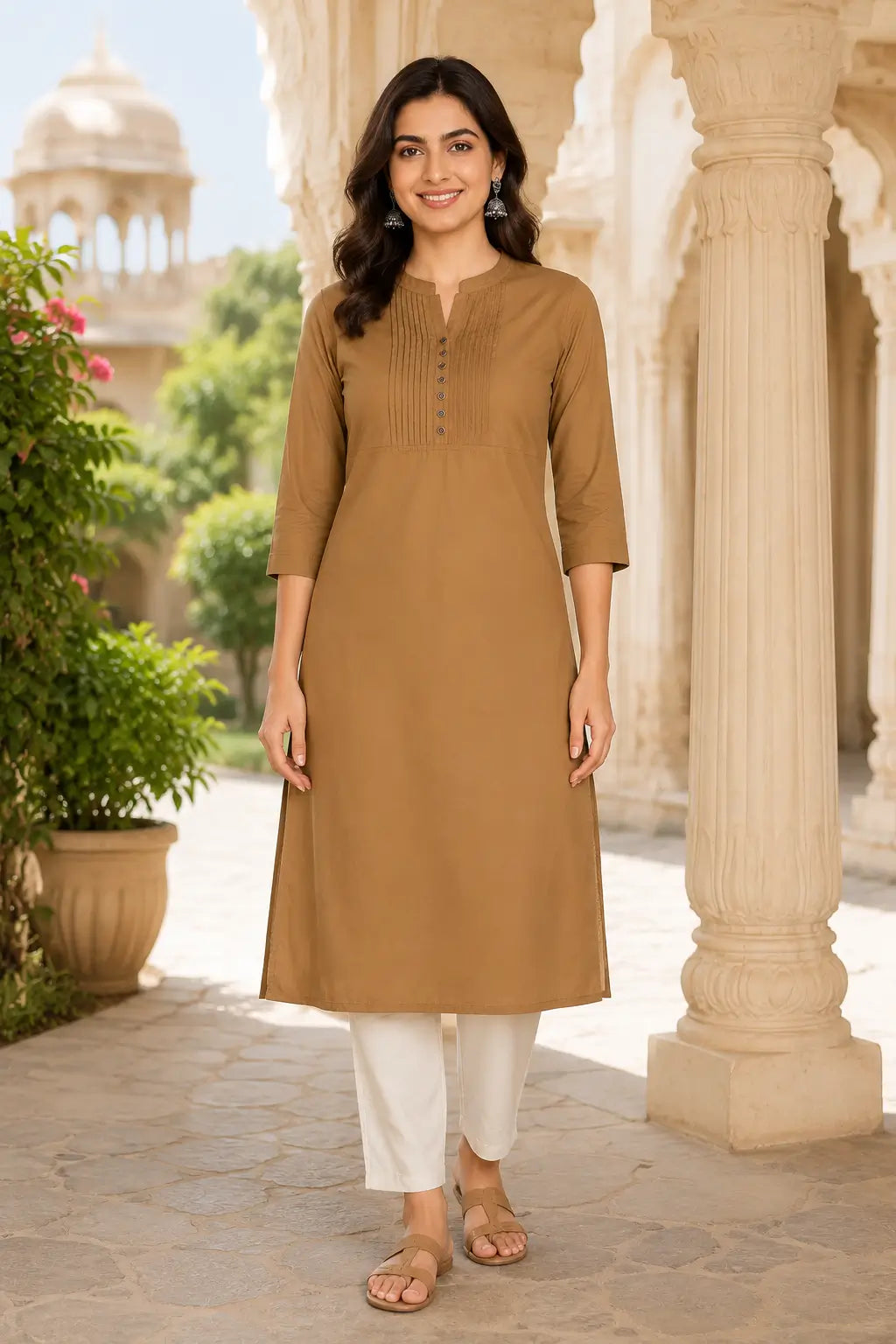 Rabric brown popline cotton women kurti front view with stylish neck design and 3/4 sleeves for casual ethnic wear