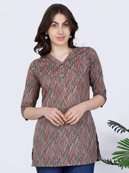 Rabric Premium Cotton Short Kurti Front View – Multicolor V Neck Brass Buttons