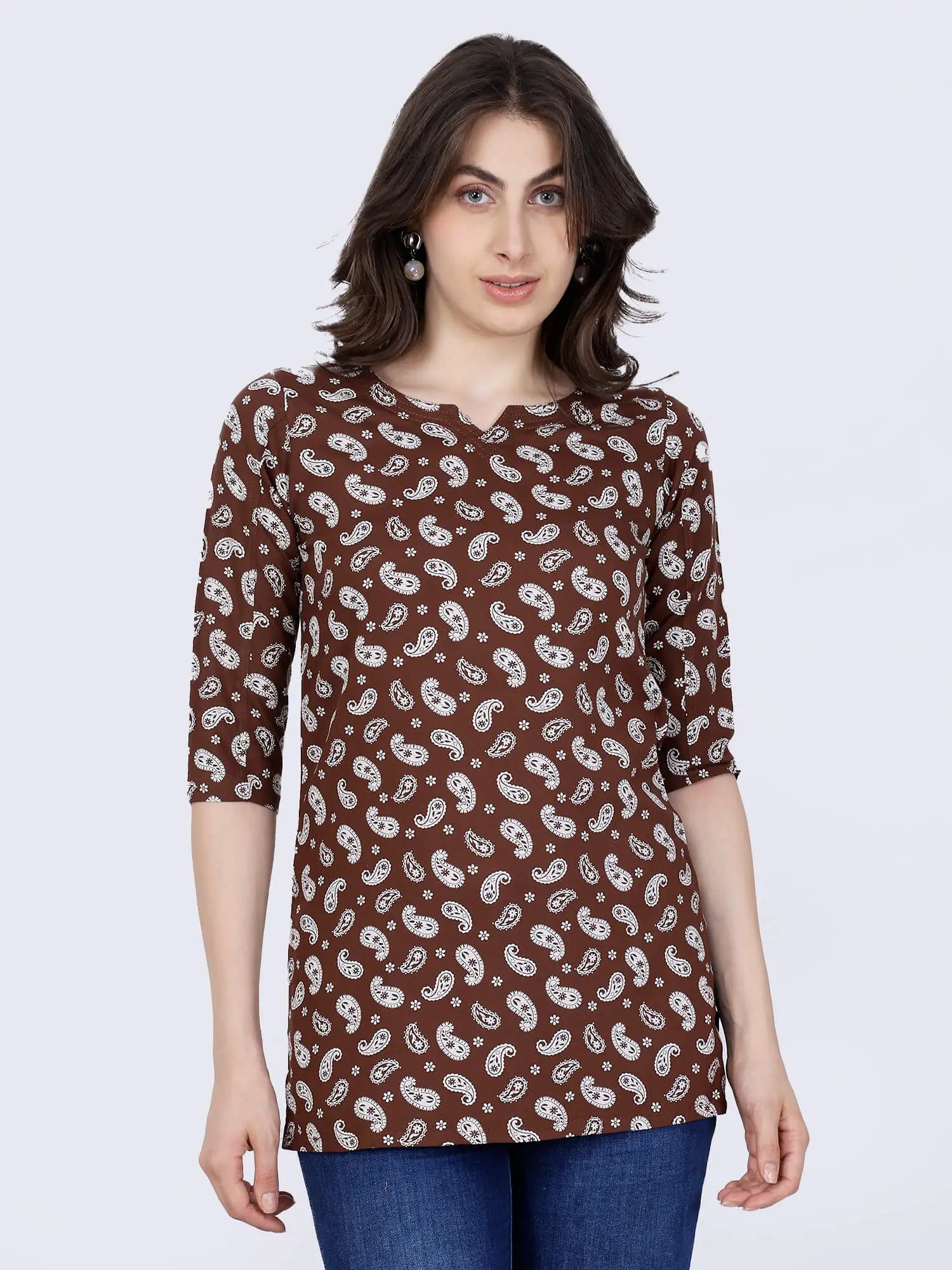 Rabric Brown Printed Rayon Short Top Front View