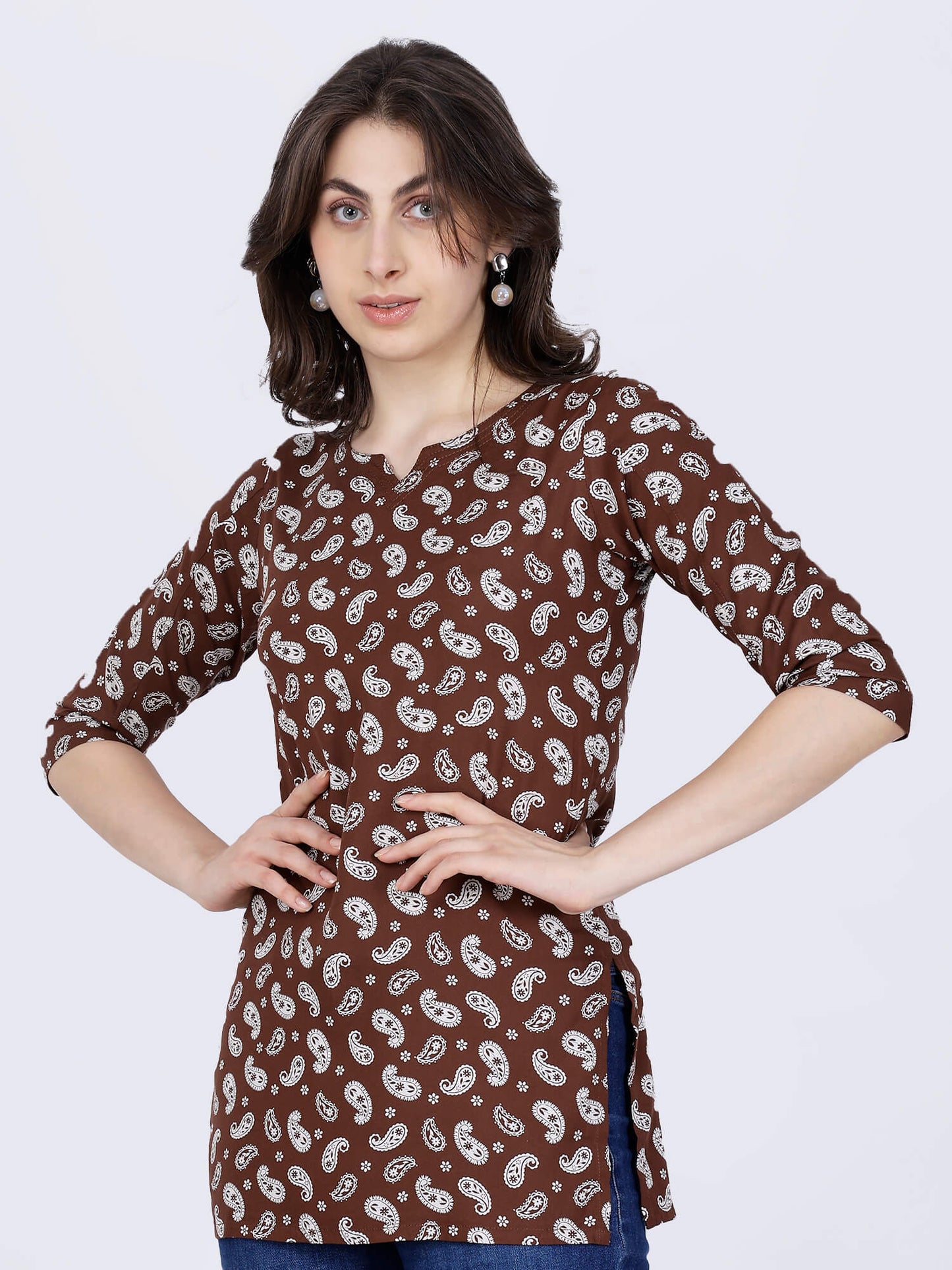 Side View of Rabric Premium Brown Short Kurti Top