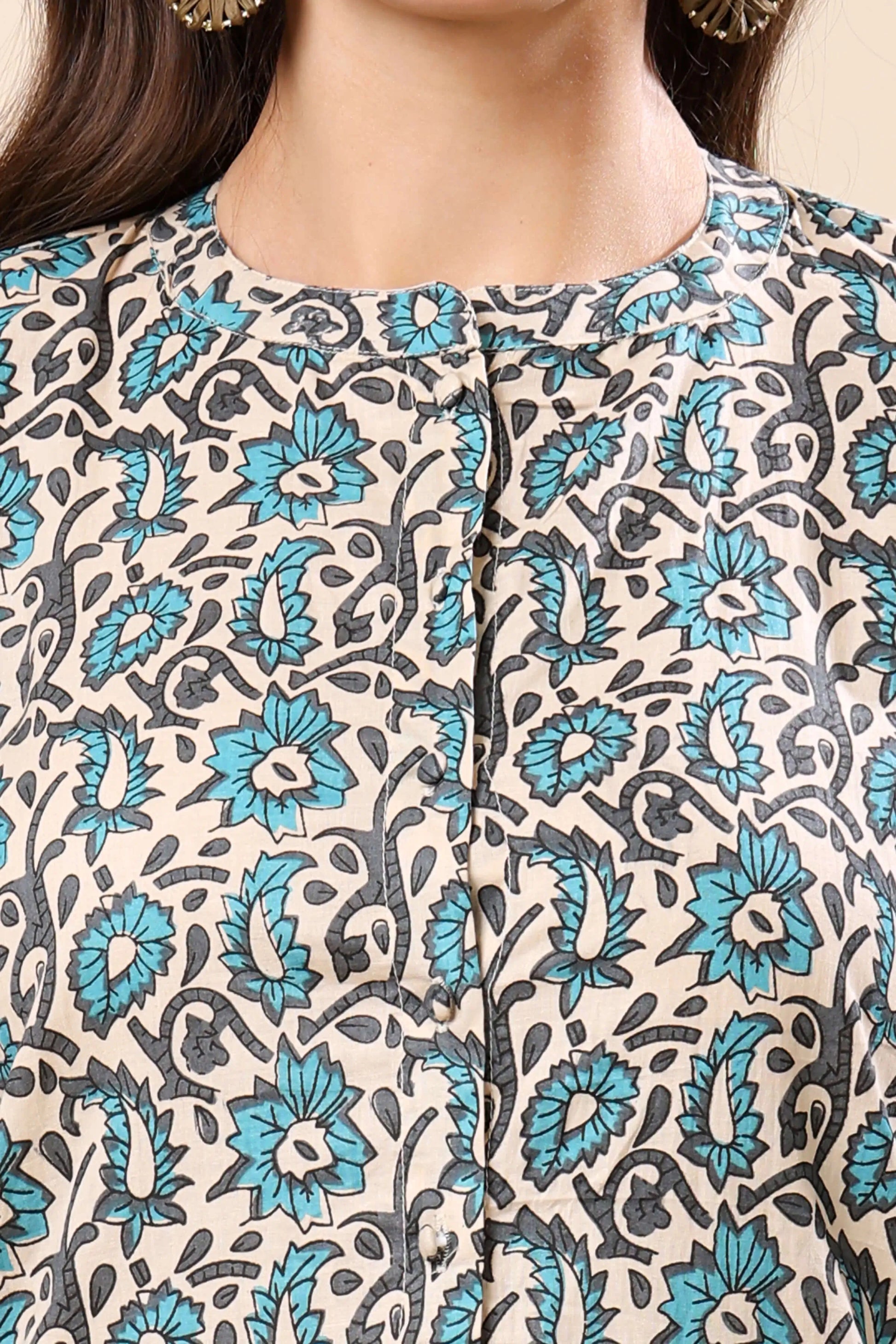 Close-up of Rabric Premium Button-Down Short Top – Floral Print