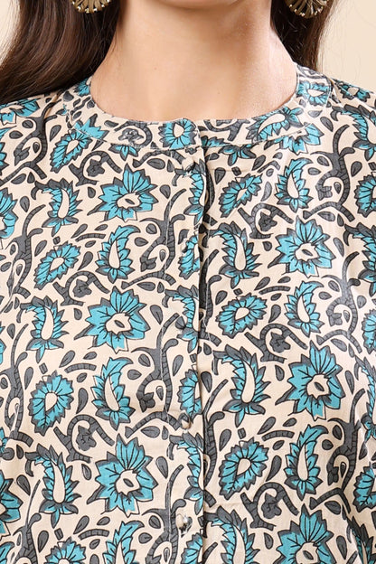 Close-up of Rabric Premium Button-Down Short Top – Floral Print