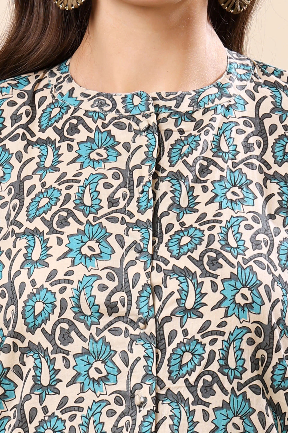 Close-up of Rabric Premium Button-Down Short Top – Floral Print