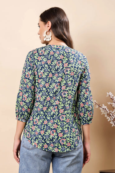 Stylish women’s shirt style top side view with floral design