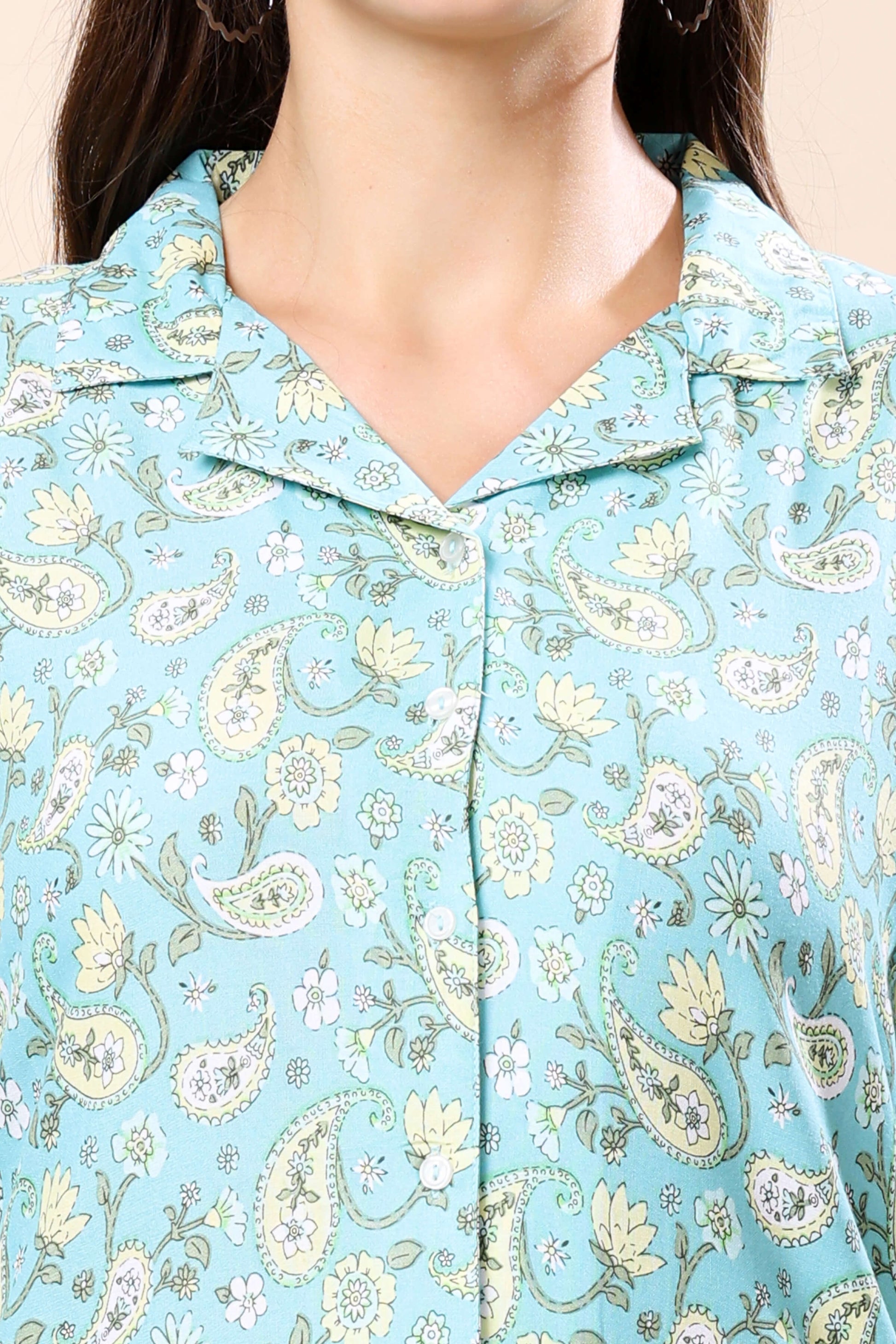 Close-up of Button-Down Shirt Top in Aqua Printed Co-ord Set