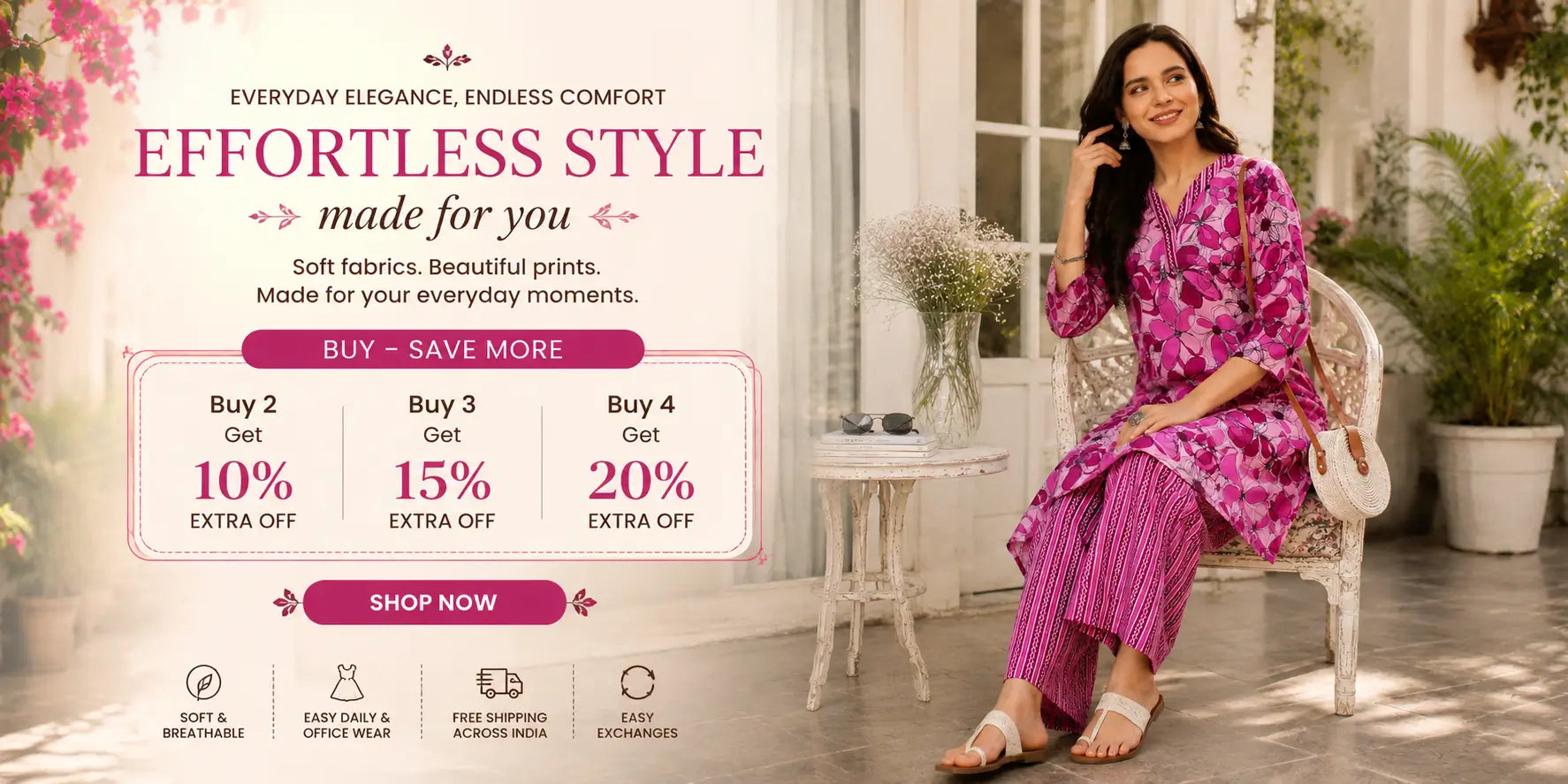 Women floral kurti fashion banner with buy more save more offer for ethnic wear by Rabric