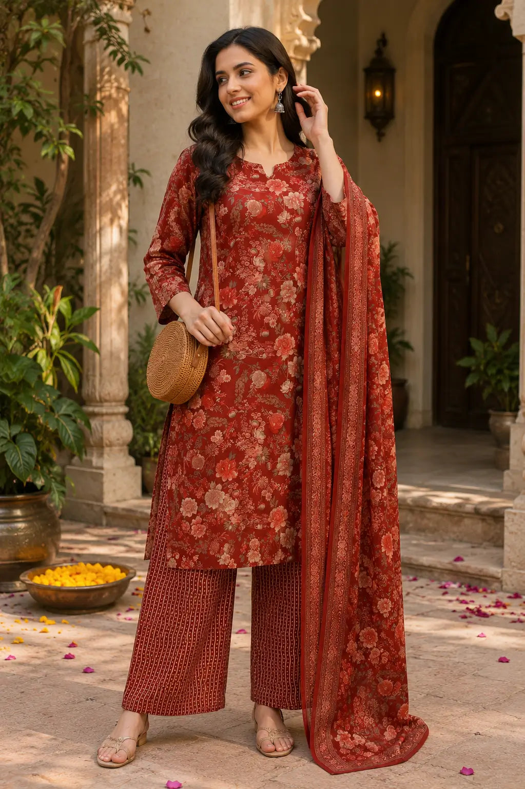 Women wearing Rabric rust red cambric cotton floral kurta pant set with dupatta in lifestyle ethnic look