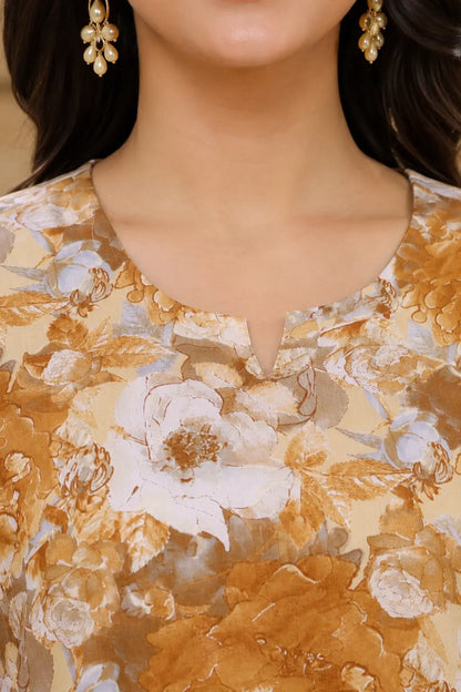 Closeup neck design of Rabric floral cambric cotton women kurta with elegant neckline