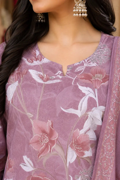 Close up neck design of Rabric mauve floral cambric cotton kurta for women