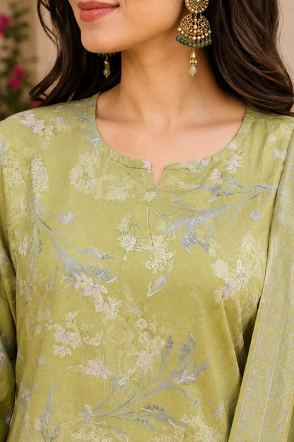 Close up neck design of Rabric olive green cambric cotton kurta with floral print ethnic detailing for women
