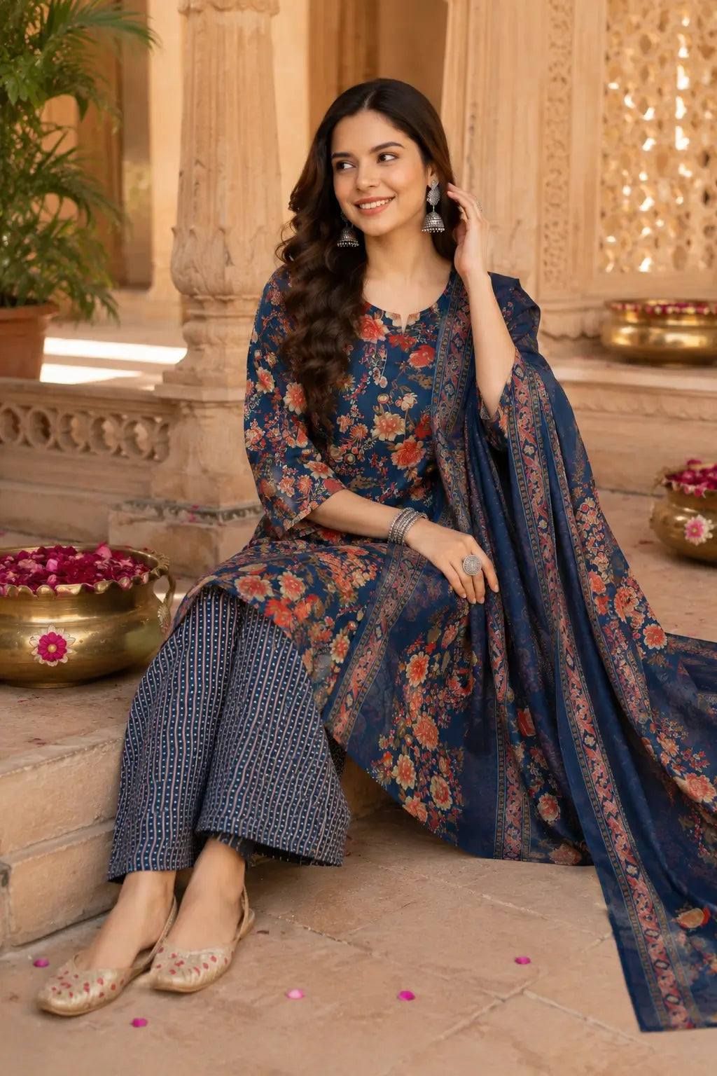 Woman in casual sitting pose wearing navy blue cambric cotton floral kurta pant set with dupatta
