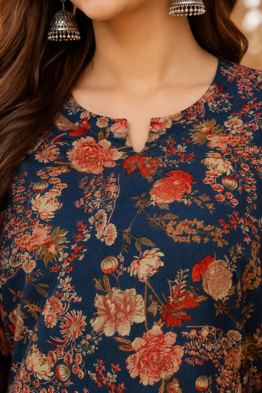 Closeup neck design of navy blue cambric cotton floral printed kurta for women by Rabric