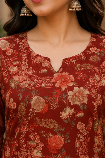 Close up neck design detail of Rabric rust red cambric cotton floral printed kurta for women