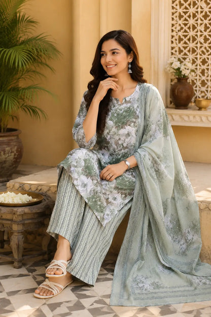 Lifestyle sitting pose of model wearing Rabric sage green cambric cotton floral kurta pant set with dupatta and ethnic accessories