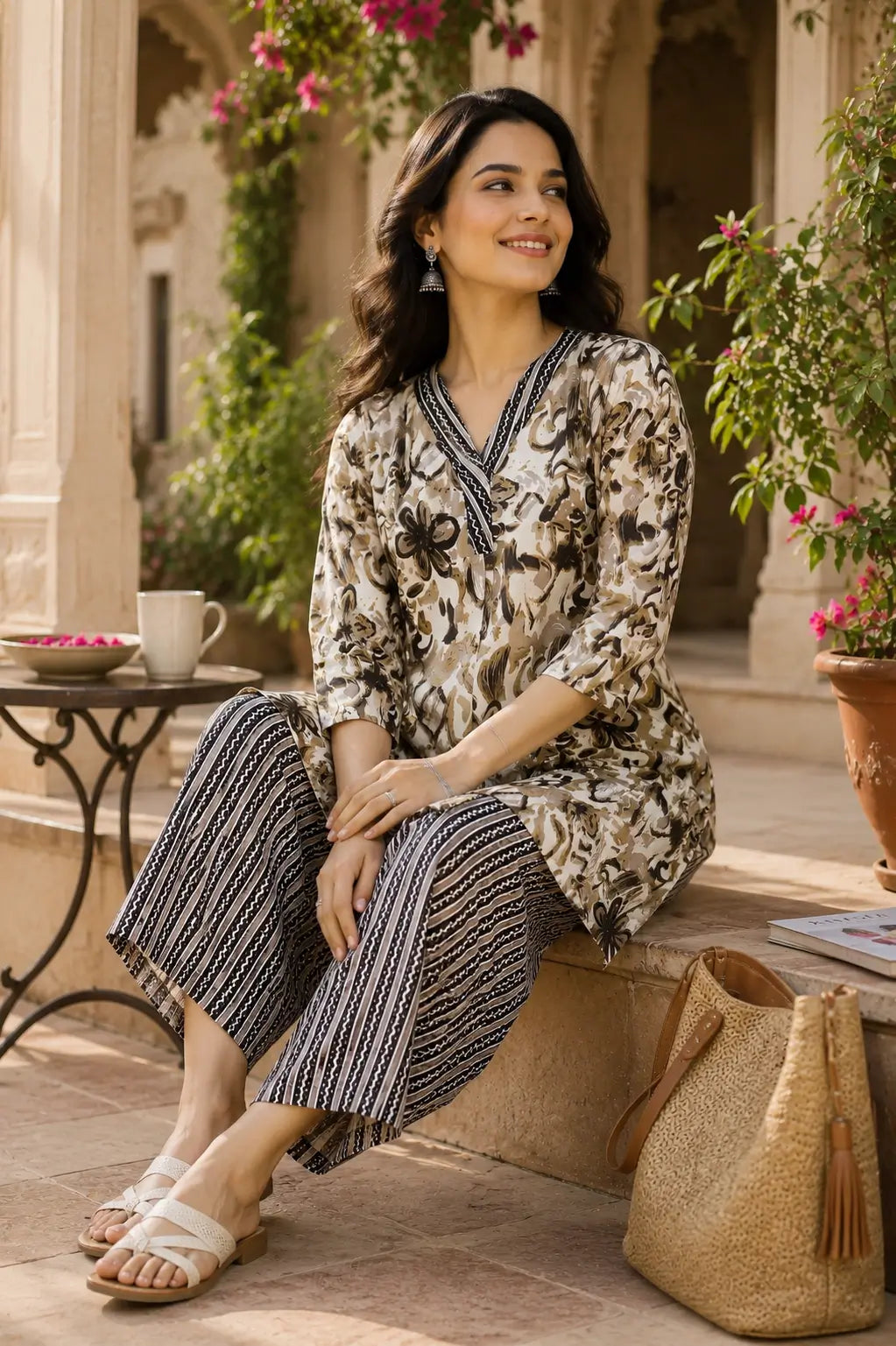 Rabric women casual cotton kurta palazzo set in beige floral print shown in relaxed sitting lifestyle pose
