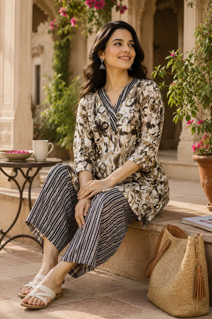 Rabric women casual cotton kurta palazzo set in beige floral print shown in relaxed sitting lifestyle pose