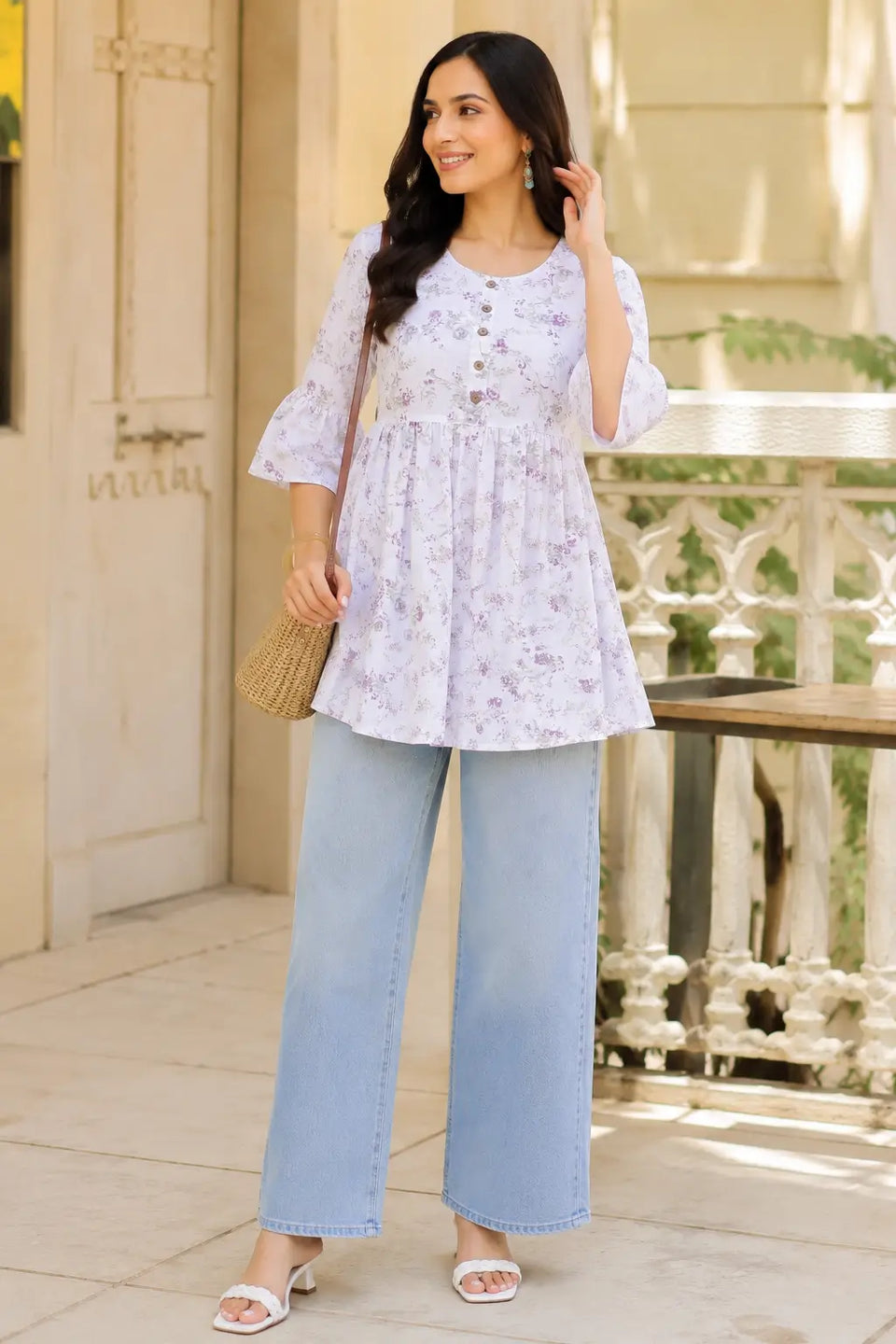 Rabric casual cotton short kurti paired with wide leg jeans for stylish everyday women’s fashion