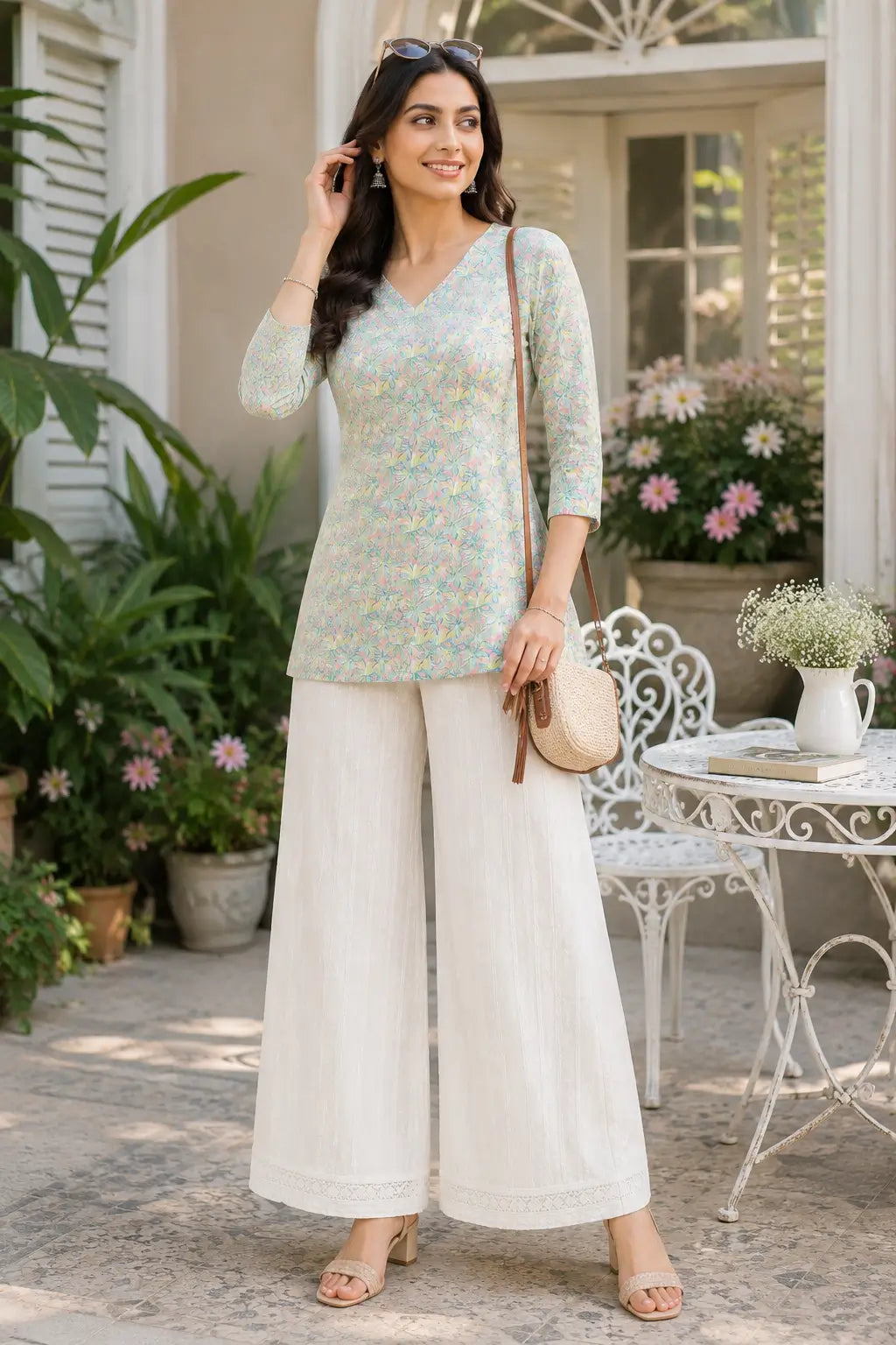 Rabric women pastel floral cotton short top styled with white palazzo pants in casual lifestyle fashion look