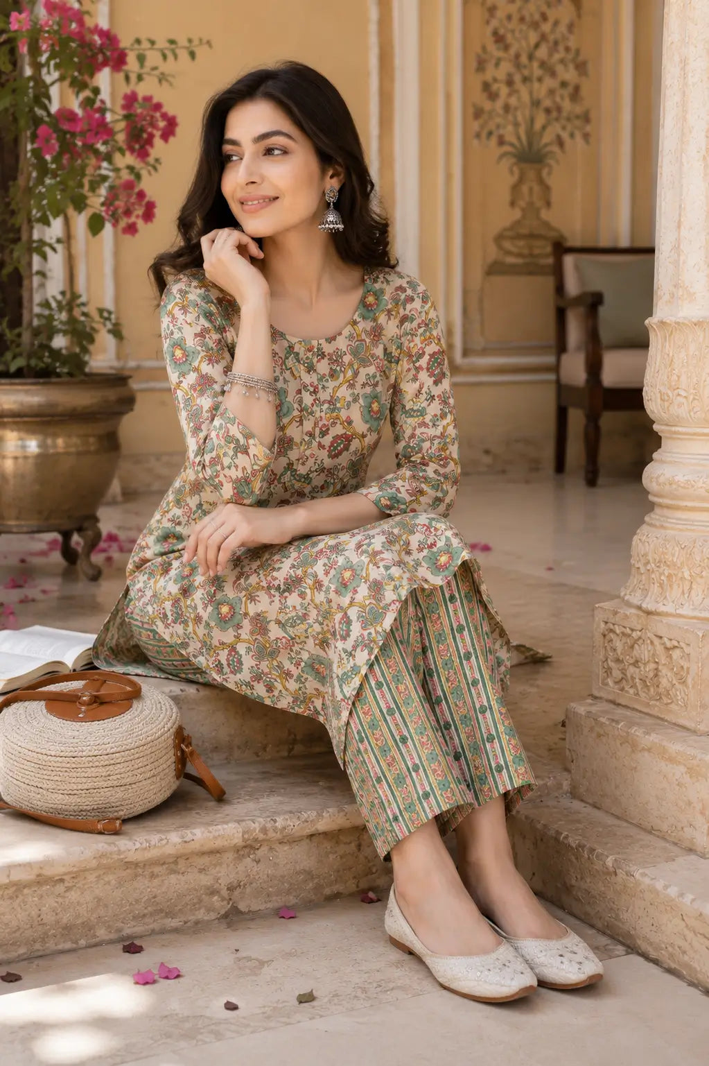 Rabric casual ethnic cotton kurta pant set for women in sitting pose with floral print and comfortable daily wear styling