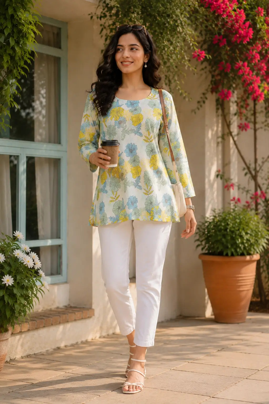 RABRIC women’s floral printed top paired with white pants for a stylish summer casual outfit