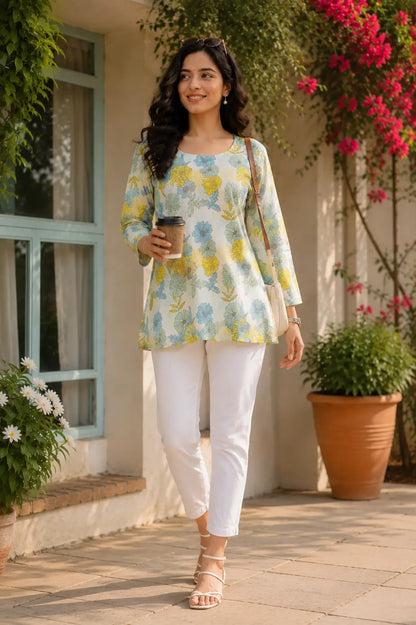 RABRIC women’s floral printed top paired with white pants for a stylish summer casual outfit