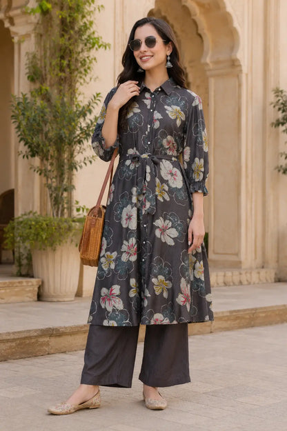 Casual lifestyle look of Rabric floral vertical silk co-ord set with stylish accessories