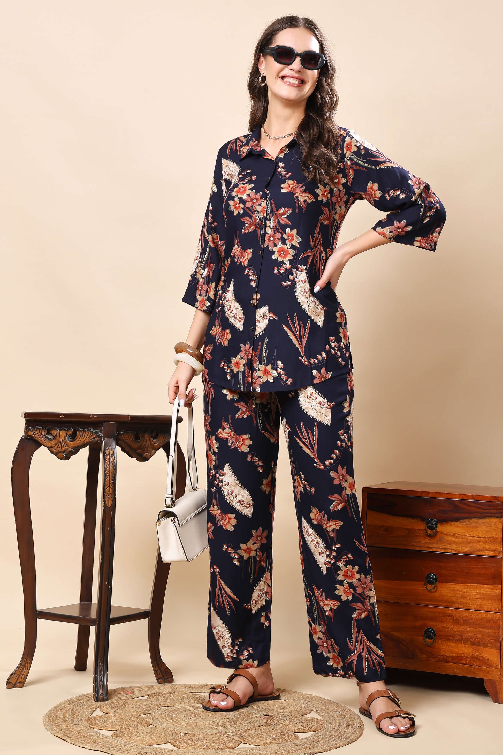 Trendy loungewear co-ord set in navy blue floral print