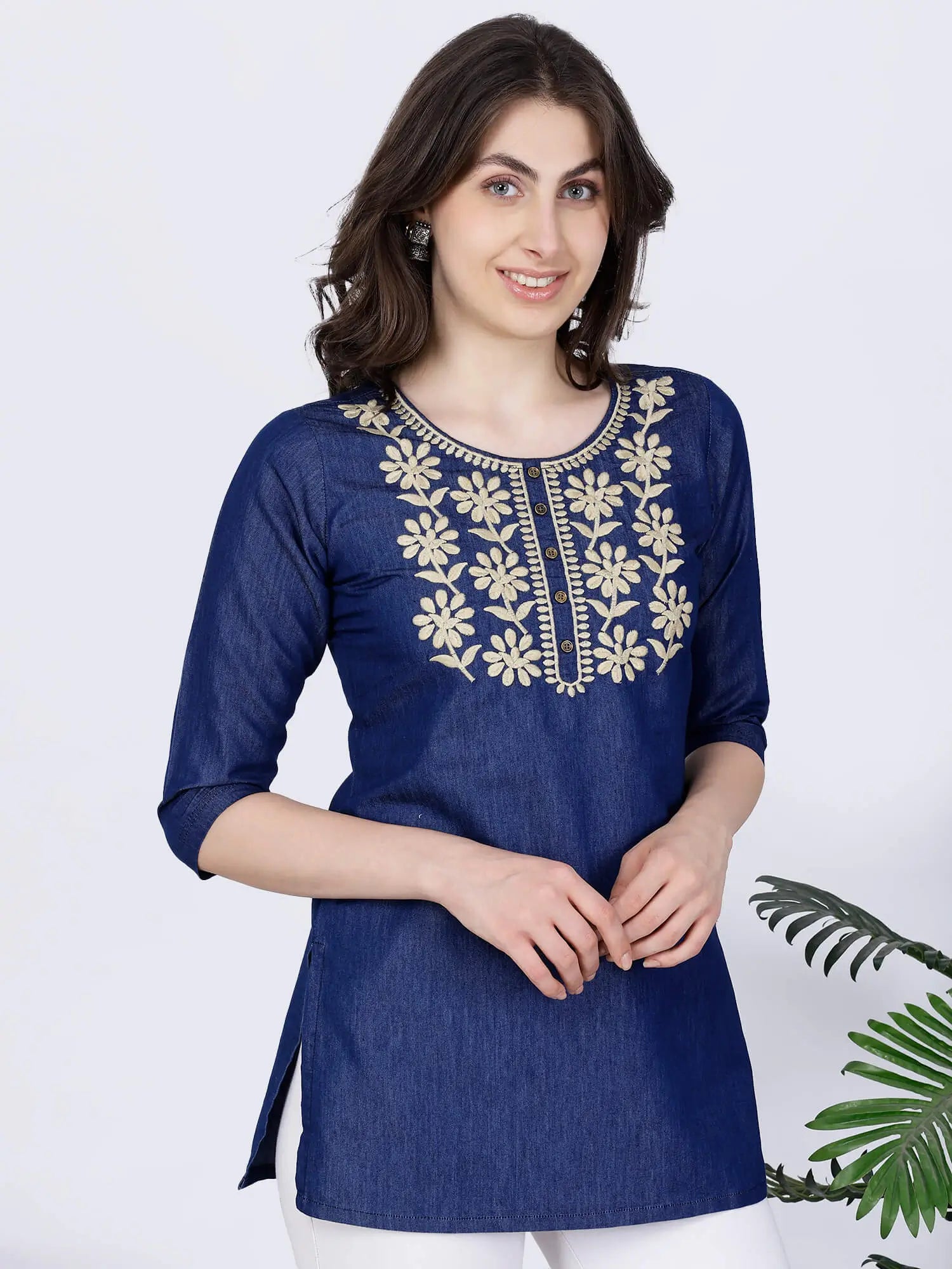 Side profile of premium denim short kurti for women by Rabric